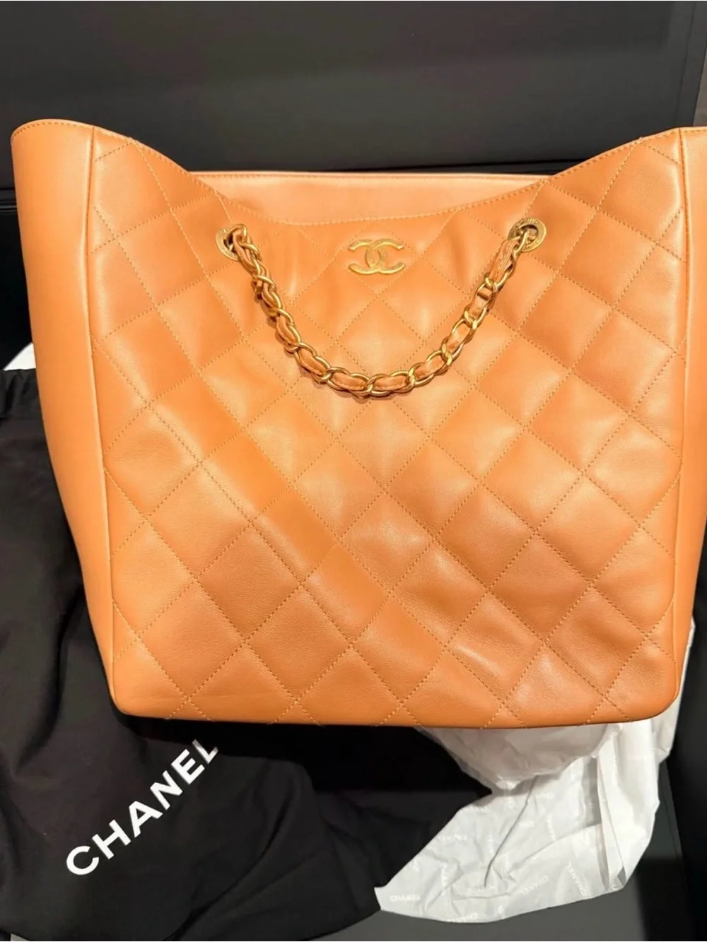 CHANEL Quilted Leather Chain-Handle Tote in Camel